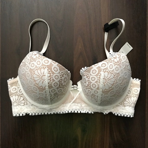 NWT Aerie Boho Real Power Plunge Push Up Joy Lace Trim Bra 34C Cream Flower - Picture 1 of 10